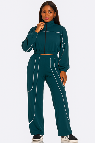 Zip Up Pipping Stripes Jacket and and Pants Set-Teal
