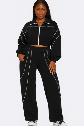 Zip Up Pipping Stripes Jacket and and Pants Set-Blk
