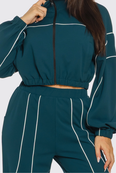 Zip Up Pipping Stripes Jacket and and Pants Set-Teal